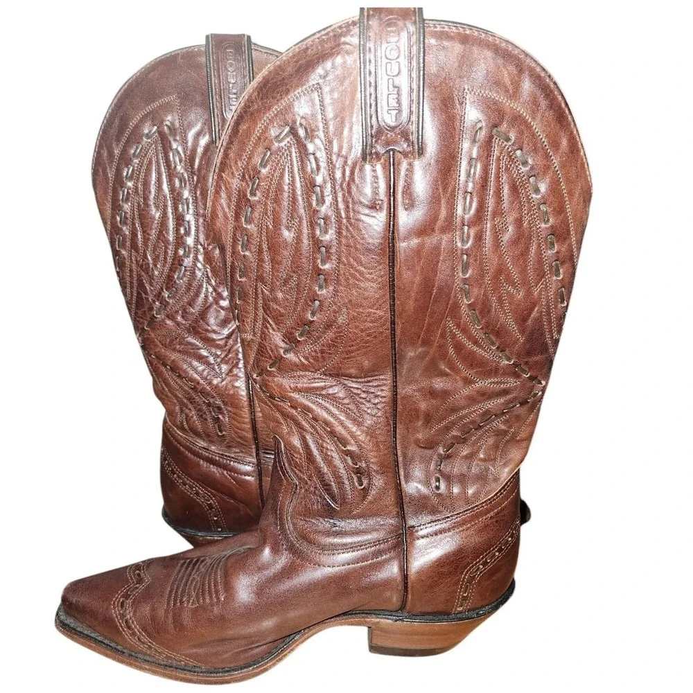 Vintage Boulet Leather Cowboy Boots, Western Brown, Decorative Stitching 8 Wide‎
